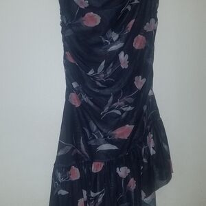 Chic Asymmetrical Floral Dress in Black and Pink